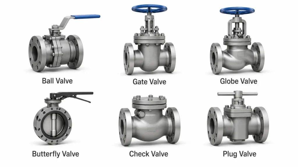 Common industrial valve types including ball, gate, globe, check, butterfly, plug, needle, pinch, and relief valves