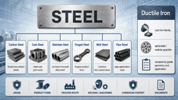 Graphic showing carbon steel, cast steel, stainless steel, forged steel, mild steel, and pipe steel as different steel categories compared with ductile iron.