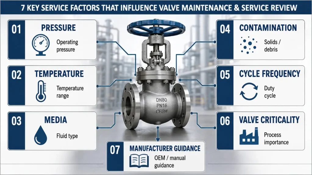 Matrix showing how pressure, temperature, media, contamination, cycling, and valve criticality affect industrial valve maintenance priority.