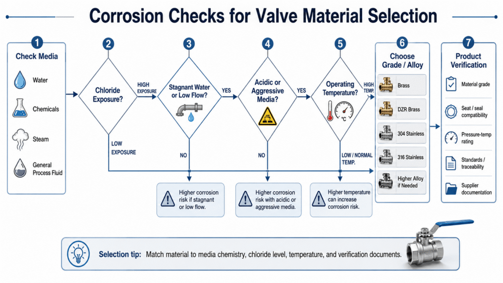 Flowchart showing corrosion checks for brass and stainless steel valve applications
