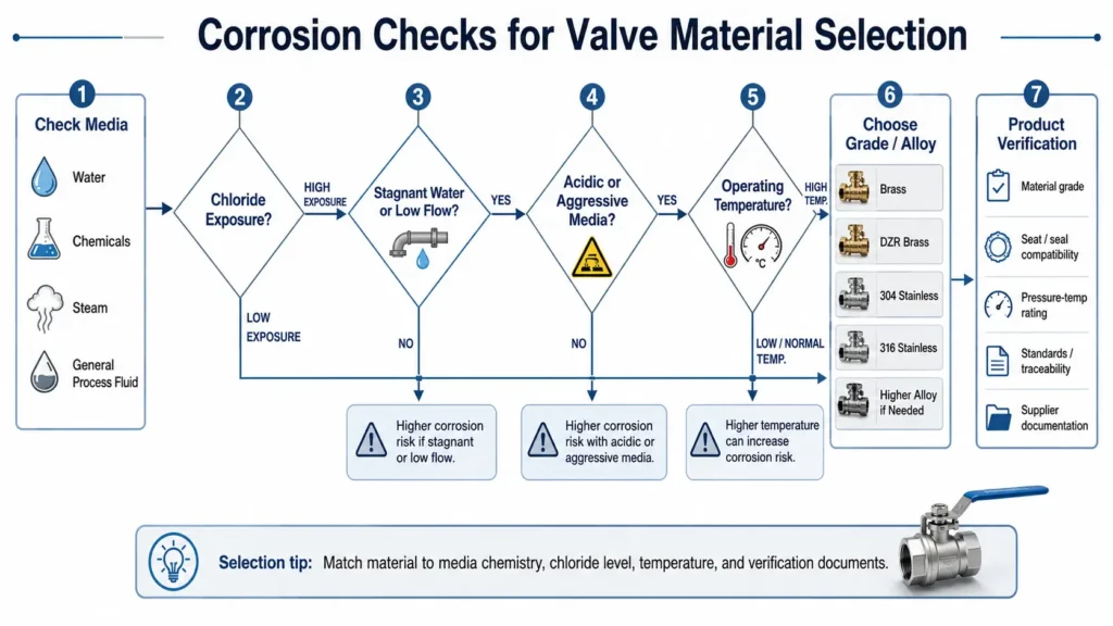 Flowchart showing corrosion checks for brass and stainless steel valve applications