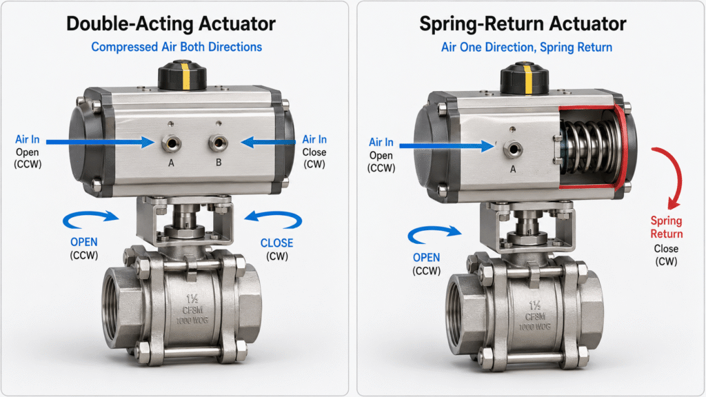 Comparison diagram of double-acting and spring-return pneumatic actuators