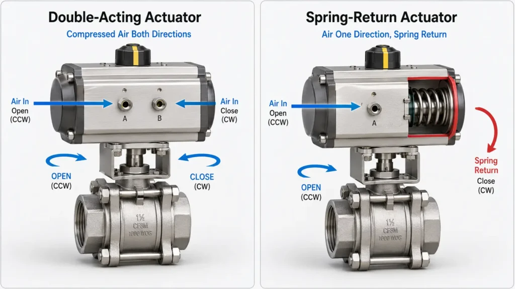 Comparison diagram of double-acting and spring-return pneumatic actuators