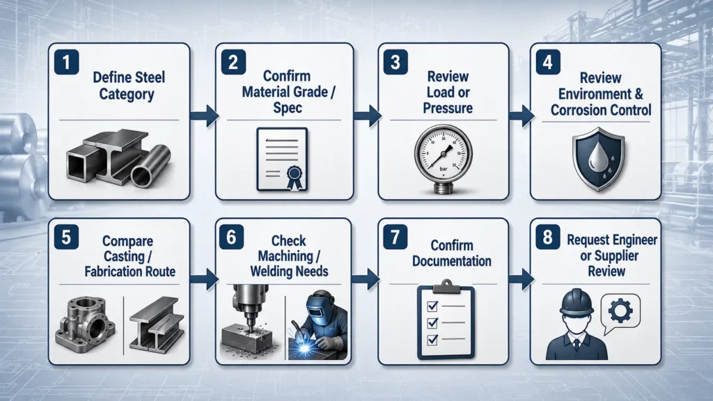 Flowchart showing how grade, service environment, manufacturing route, machining, welding, and documentation affect ductile iron versus steel selection.