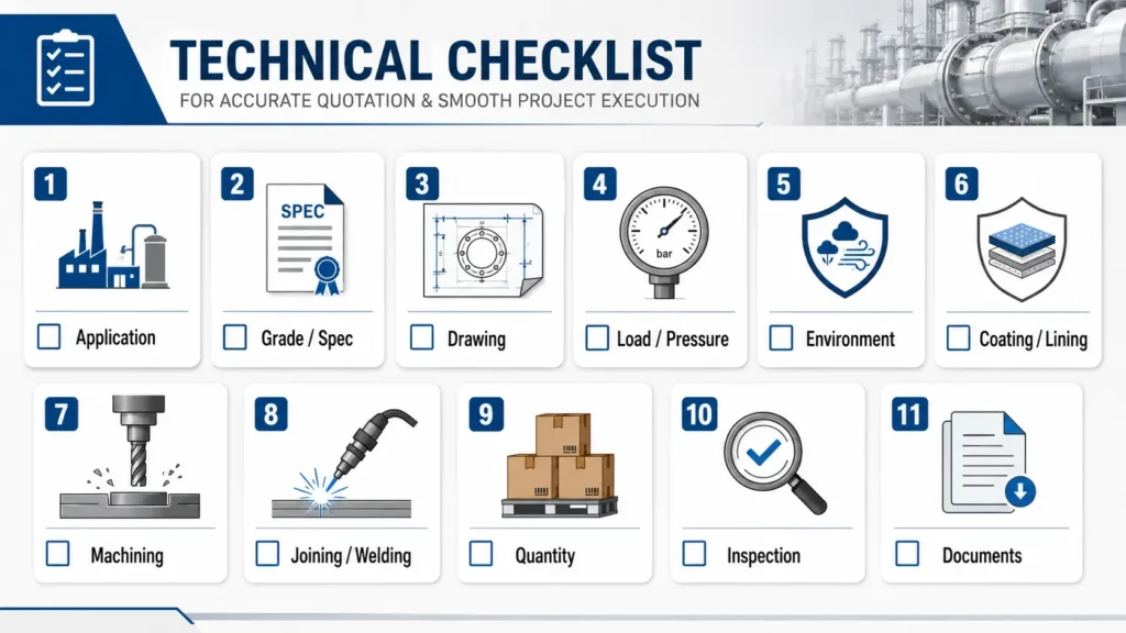 Checklist of application, grade, drawing, load, environment, coating, machining, joining, quantity, inspection, and documentation items for ductile iron versus steel review.