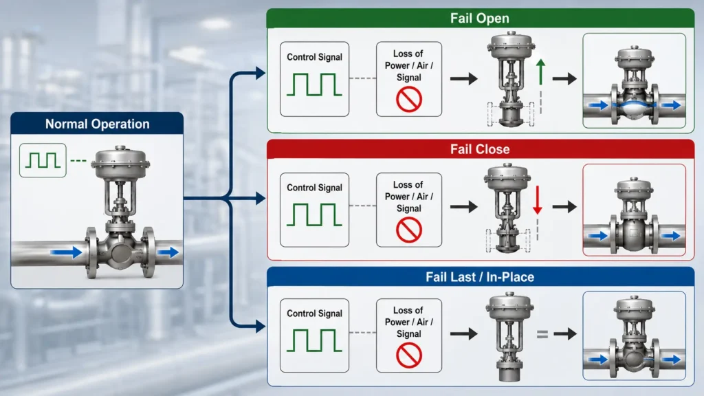 Diagram comparing fail open, fail close, and fail last valve positions after loss of air, power, or signal