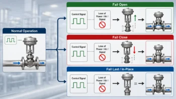 Diagram comparing fail open, fail close, and fail last valve positions after loss of air, power, or signal
