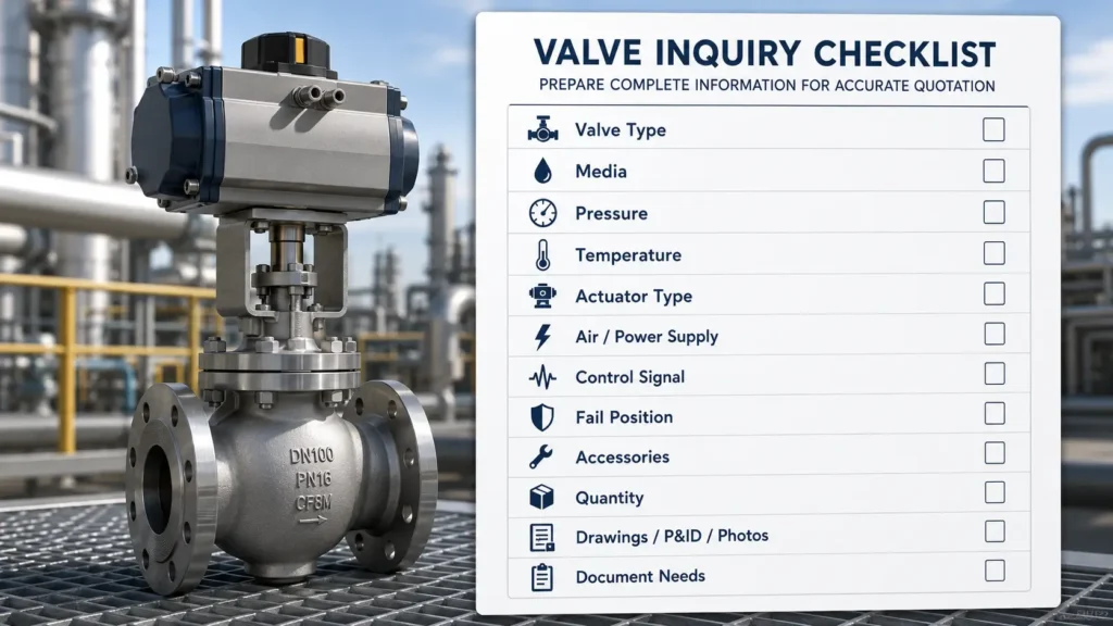 Checklist of valve, actuator, control, operating condition, and document details for fail-position review