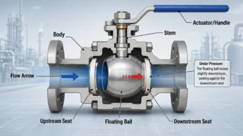 Diagram showing ball, seats, stem, body, flow path, and downstream seat movement in an industrial floating ball valve