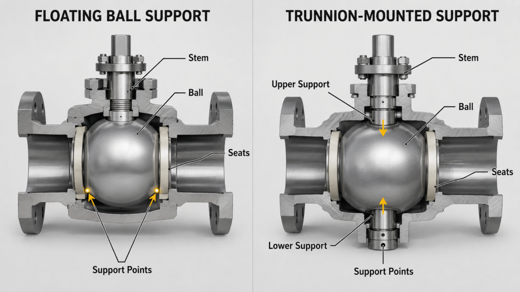 Comparison diagram showing a floating ball supported by seats and a trunnion ball supported by additional shafts