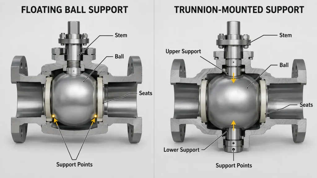 Comparison diagram showing a floating ball supported by seats and a trunnion ball supported by additional shafts
