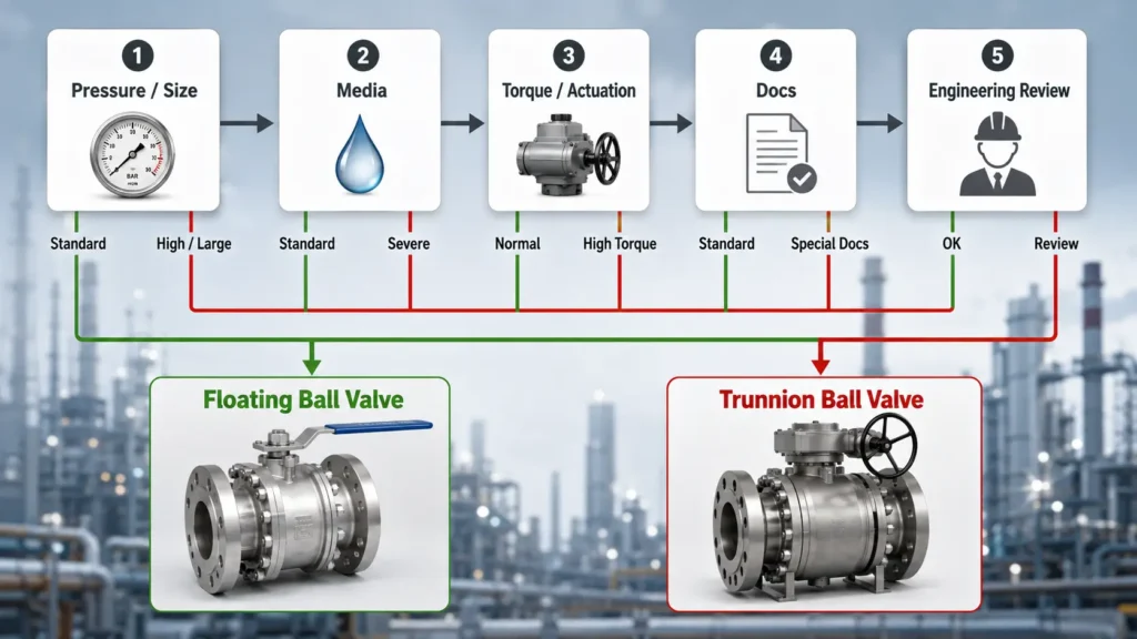 Flowchart showing when to consider a floating ball valve, when to review trunnion design, and when to request engineering review
