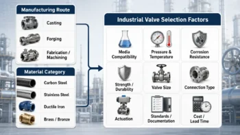 Diagram separating forging as a manufacturing process from carbon steel as a steel material category for industrial valves.