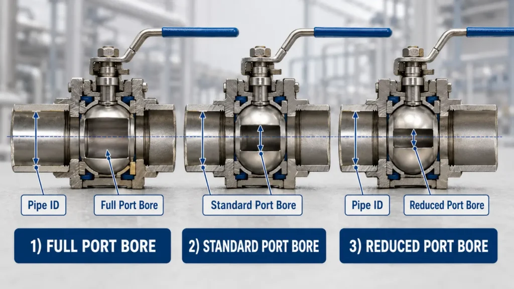 Diagram comparing a full port valve bore with standard and reduced port valve bores