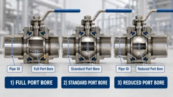 Diagram comparing a full port valve bore with standard and reduced port valve bores