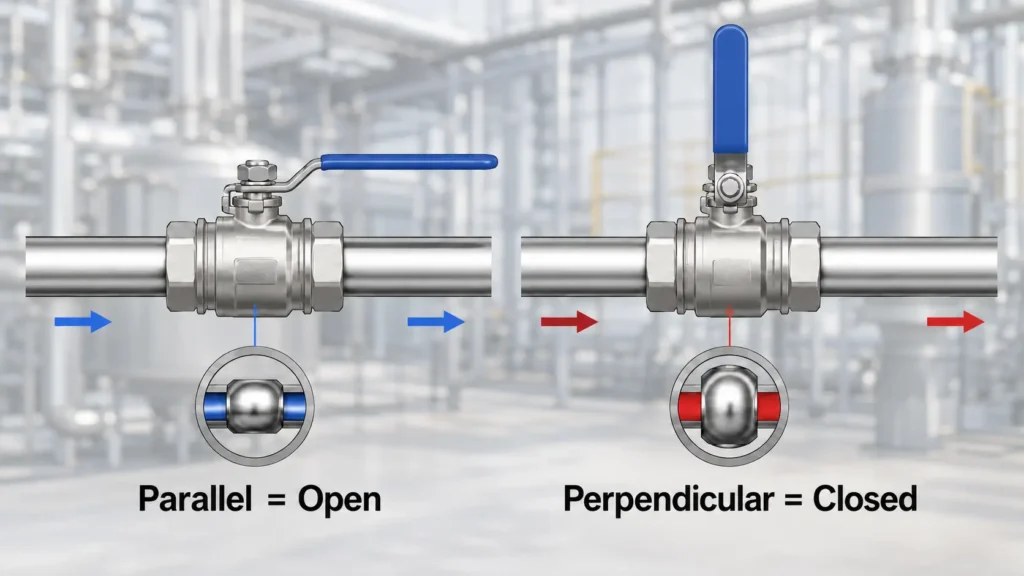 Diagram showing lever parallel to pipe as open and crosswise as closed for a typical gas shutoff valve