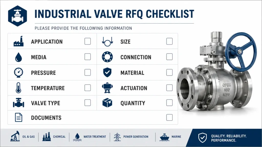 Checklist card for gas ball valve RFQ details including gas type, pressure, temperature, size, connection, materials, quantity, drawings, and document needs