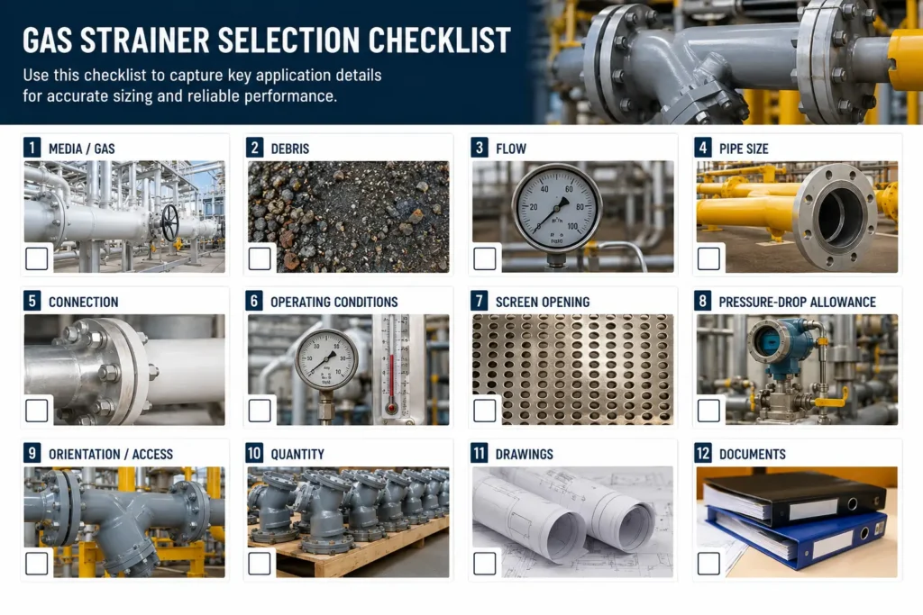 Checklist infographic for gas strainer RFQ information