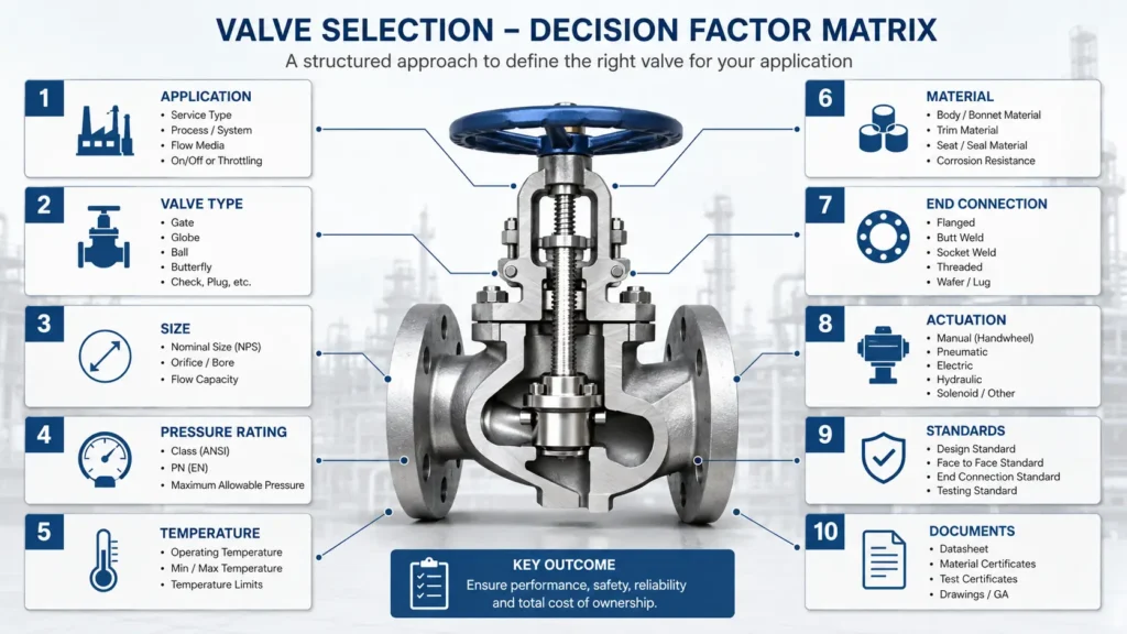 Gate valve selection factors mapped to service conditions such as media, pressure, temperature, connection, and operation method.