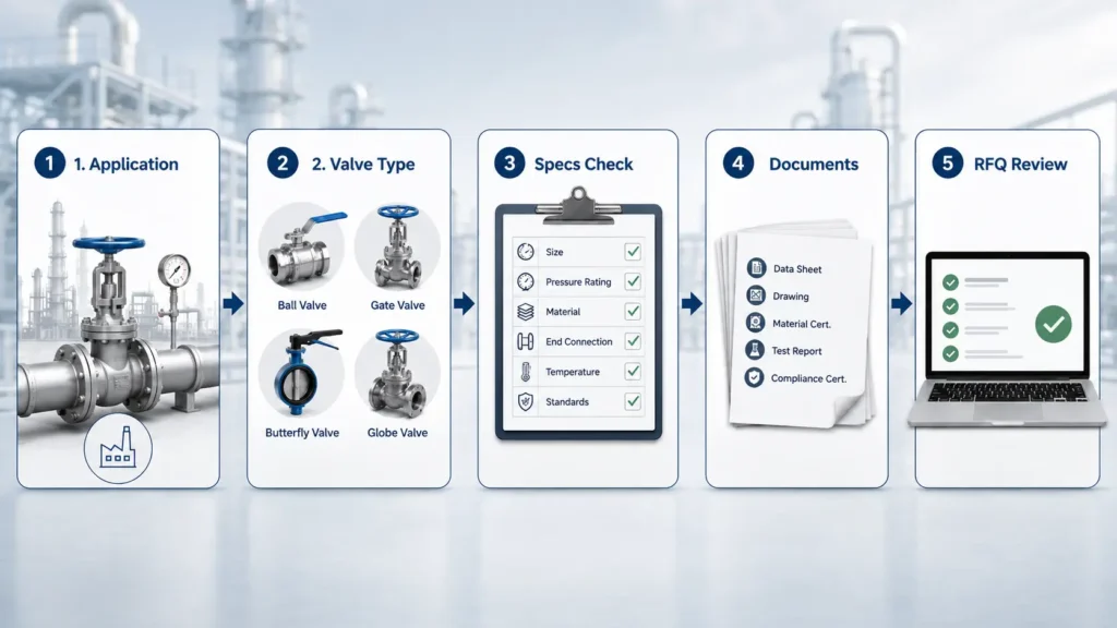 Flowchart showing how buyers compare gate valve manufacturers by application fit, documents, RFQ details, and sourcing risk.