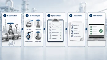 Flowchart showing how buyers compare gate valve manufacturers by application fit, documents, RFQ details, and sourcing risk.