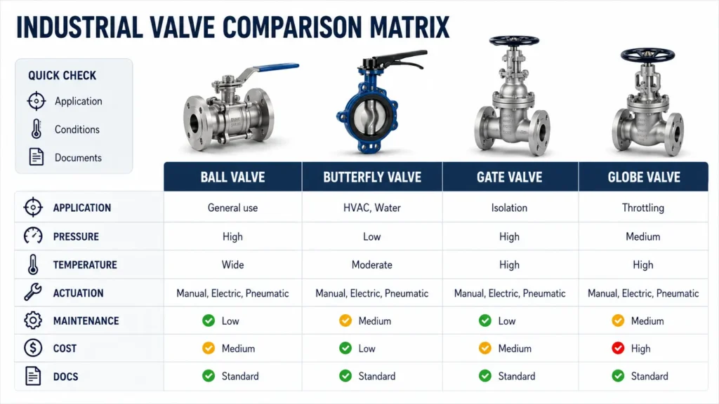 Matrix showing criteria for comparing gate valve manufacturers by application, specifications, documents, and RFQ fit.