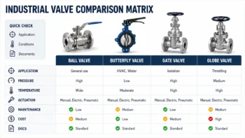 Matrix showing criteria for comparing gate valve manufacturers by application, specifications, documents, and RFQ fit.