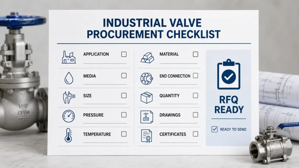 Checklist of gate valve RFQ details including valve type, size, pressure class, materials, media, temperature, connection, quantity, destination, and document needs.