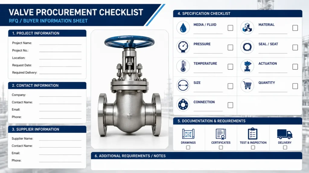 Checklist of gate valve RFQ details including media, pressure, temperature, size, material, connection, quantity, documents, and destination.