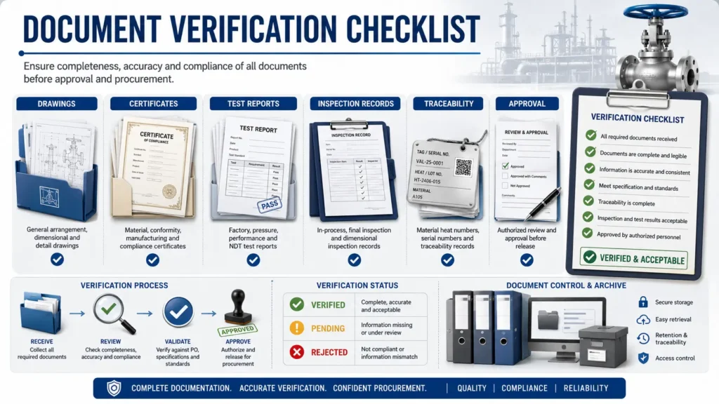 Checklist for verifying datasheets, drawings, testing scope, material documents, and certificate validity before ordering.