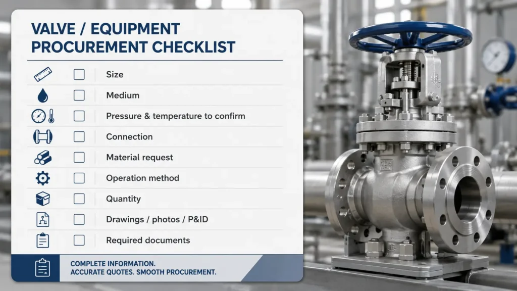 Checklist of gate valve RFQ details including size, medium, pressure, temperature, connection, operation method, and documents