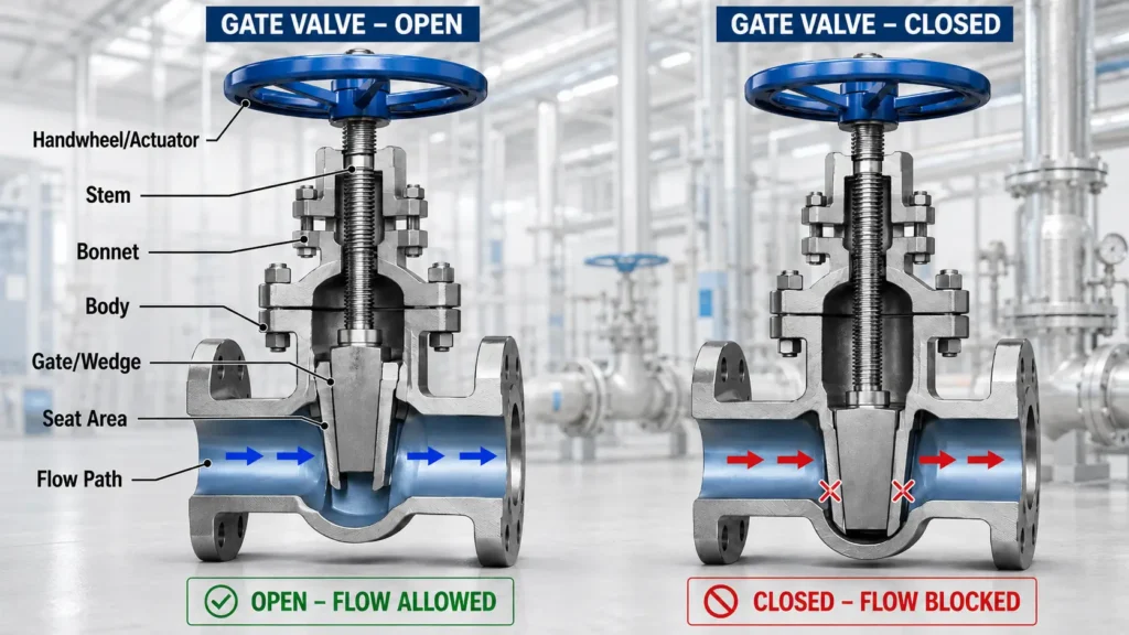 Diagram showing how a gate valve handwheel, stem, and gate open or close the flow path