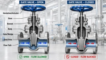 Diagram showing how a gate valve handwheel, stem, and gate open or close the flow path