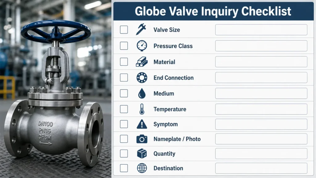 Checklist of information to send for globe valve repair review, spare parts inquiry, or replacement valve sourcing