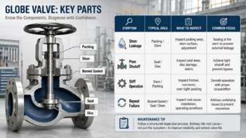 Industrial globe valve repair matrix showing symptoms, likely inspection areas, and next decision steps