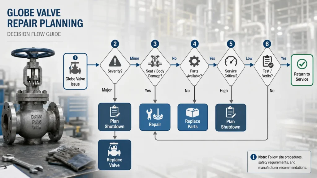 Decision flow for choosing globe valve repair, parts review, or replacement based on damage, parts availability, service risk, and test needs