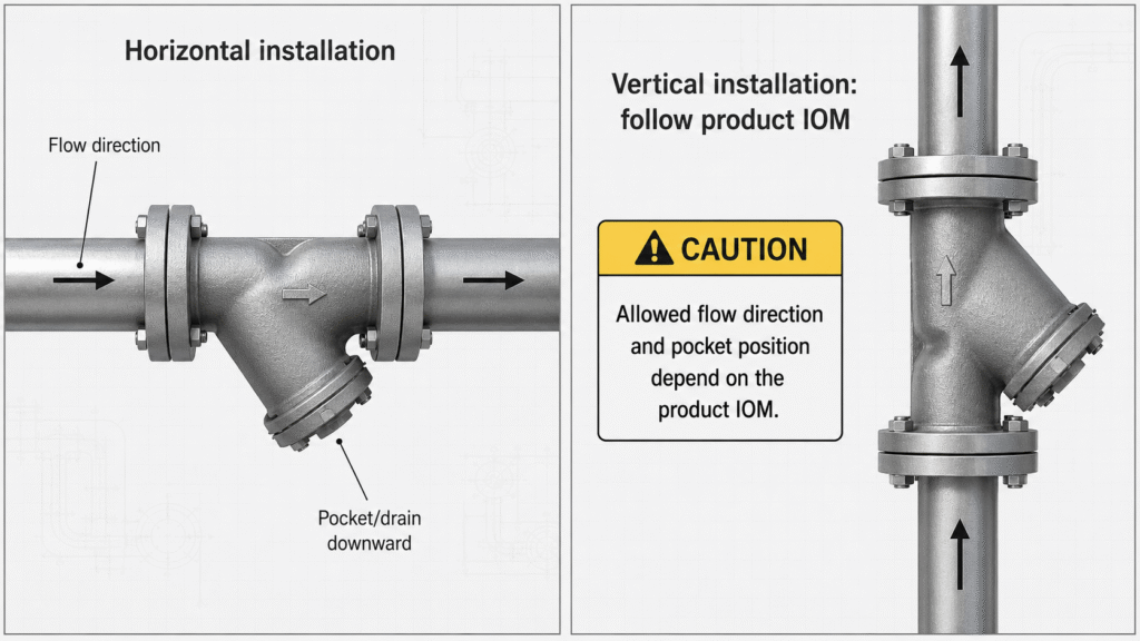 Illustration comparing horizontal and vertical Y strainer orientation checks with flow arrow, pocket position, and IOM confirmation note.