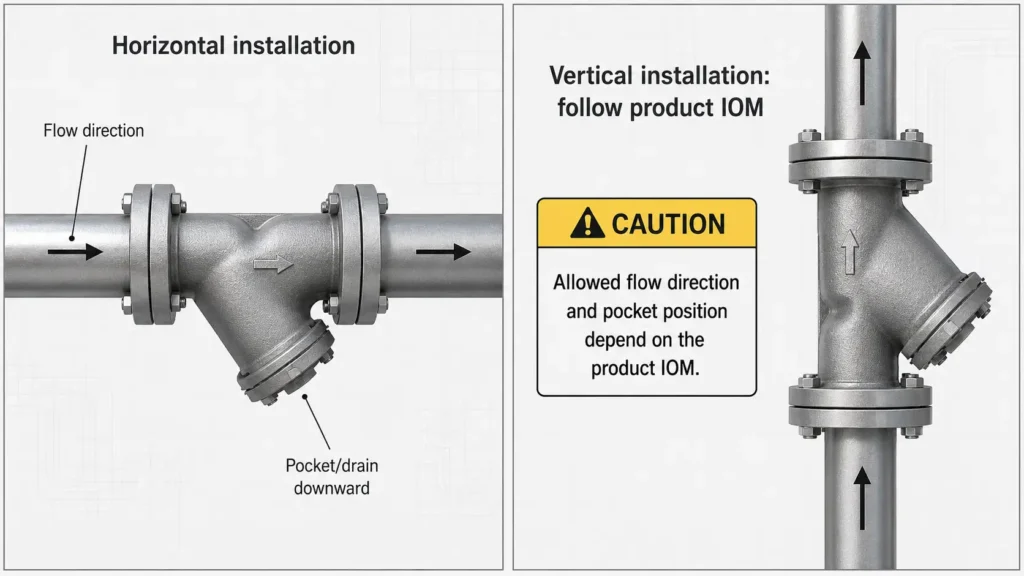Illustration comparing horizontal and vertical Y strainer orientation checks with flow arrow, pocket position, and IOM confirmation note