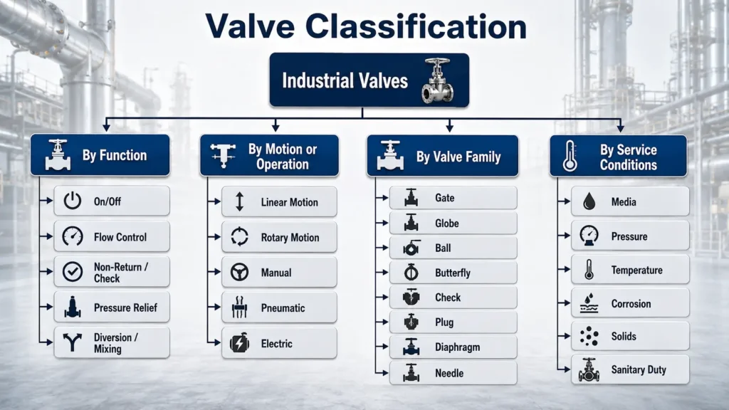 Diagram showing valve classification by function, motion, valve family, and service conditions.