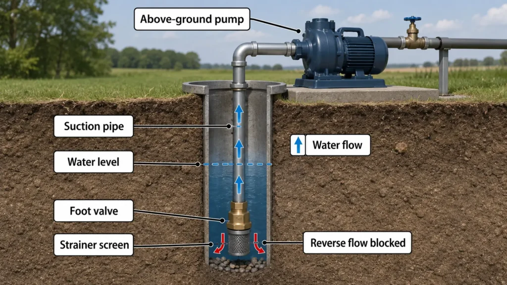 Diagram showing a well pump suction line with water level, foot valve, strainer, and one-way flow direction.