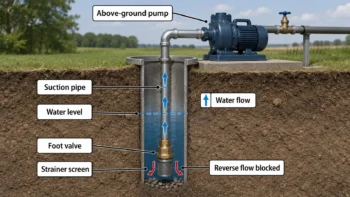Diagram showing a well pump suction line with water level, foot valve, strainer, and one-way flow direction.