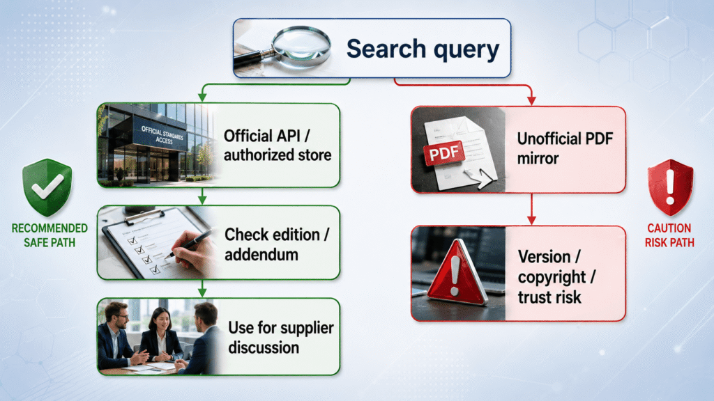 Decision flow showing official API 622 access and avoiding unofficial PDF downloads