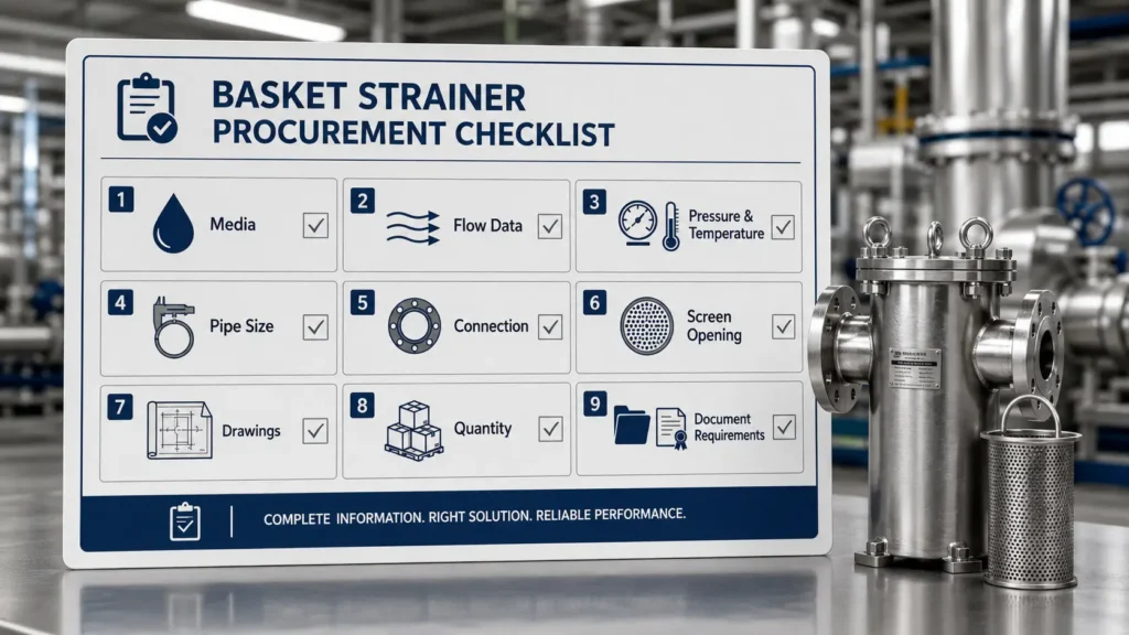 Procurement checklist for industrial basket strainer RFQ inputs including media, flow, pressure, temperature, pipe size, connection, screen opening, quantity, drawings, and documents.