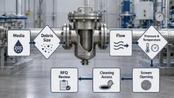 Flowchart showing how buyers choose an industrial basket strainer by media, debris, flow, pressure, screen, access, and RFQ details.