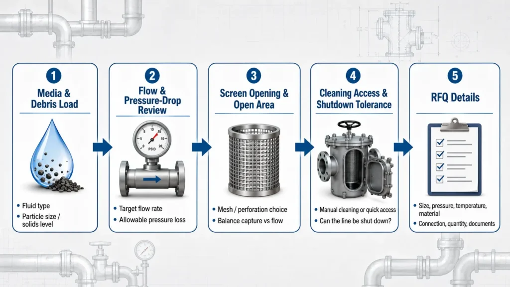 Flowchart showing industrial strainer selection factors including media, debris, flow, pressure drop, screen opening, and cleaning access