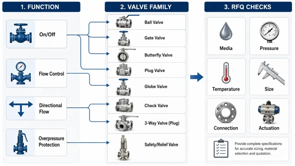 Industrial valve classification map by function, motion, and selection conditions