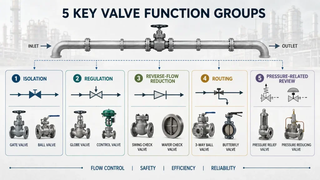 Diagram showing industrial valve functions such as isolation, throttling, non-return flow, and routing