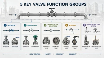 Diagram showing industrial valve functions such as isolation, throttling, non-return flow, and routing