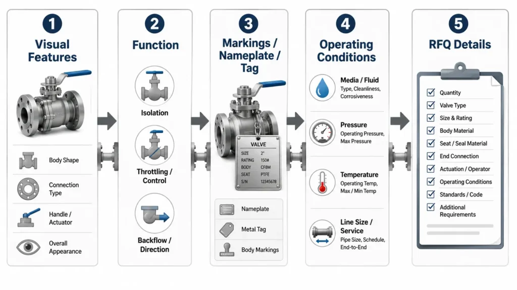 Step-by-step workflow for identifying an industrial valve before RFQ