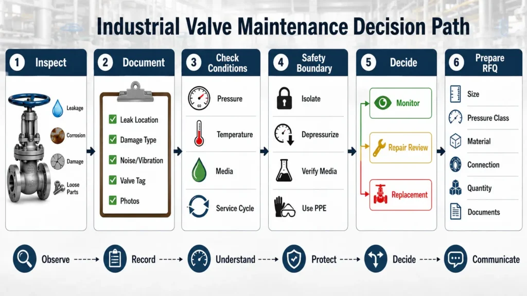 Flow diagram showing industrial valve inspection, symptom documentation, safety escalation, repair or replacement review, and RFQ preparation.